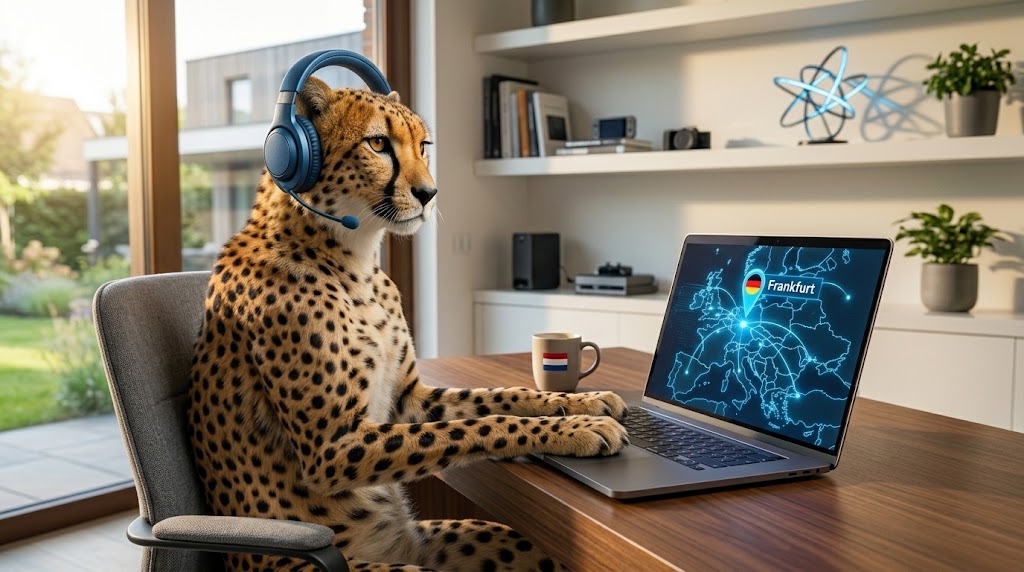 Cheetah met koptelefoon achter een laptop met een kaart van Europa en een pin op Frankfurt