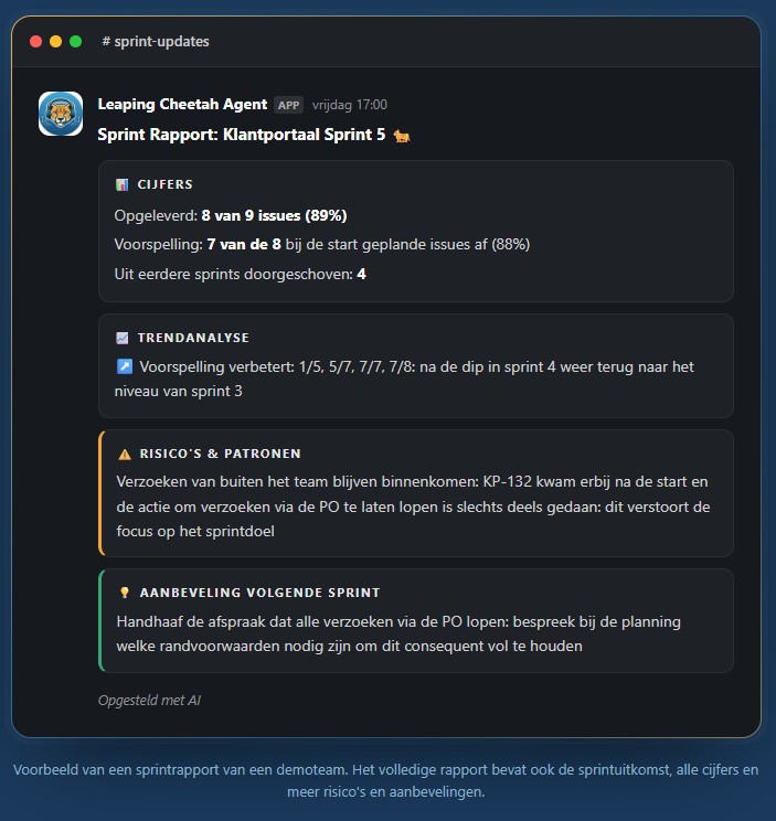 Voorbeeld van een sprintrapport van een demoteam in een chatvenster, met cijfers, trend, een risico over een half nagekomen retro-actie en een aanbeveling