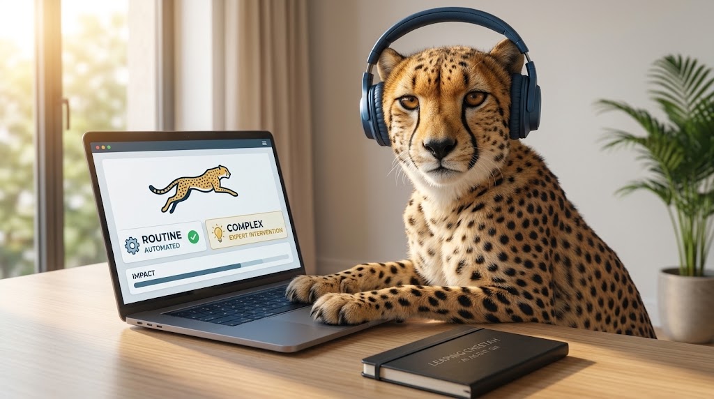 Cheetah met koptelefoon achter een laptop, scherm toont routine automated en complex expert intervention